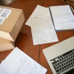 Tampilan atas meja kerja dengan laptop, dokumen, dan kardus paket untuk operasional e-commerce